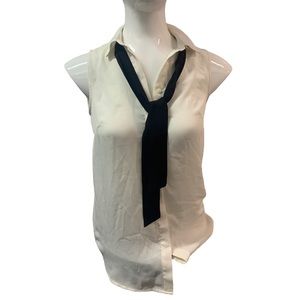 White semi-sheer sleeveless button up with black tie